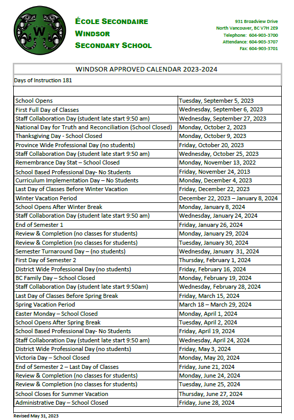 Calendar École Windsor Secondary